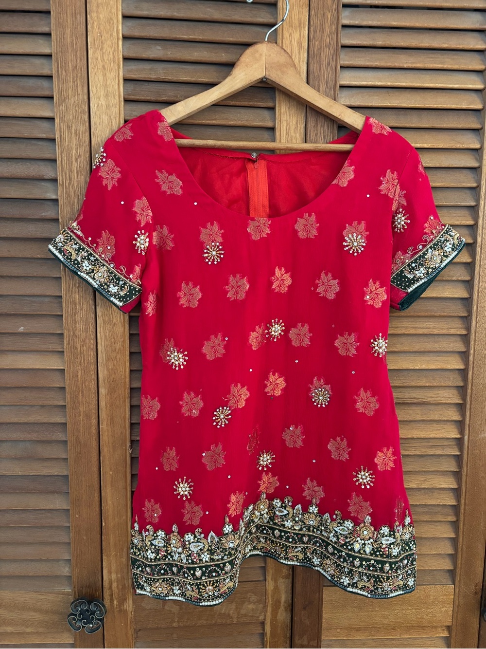 Red Embellished beaded Women's Tunic with Decorative Trim Indian origin